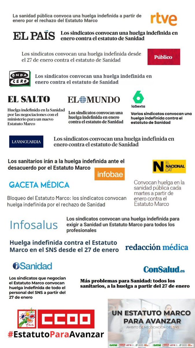 📰 Panel de titulares de prensa tras el anuncio de la convocatoria de huelga indefinida en el SNS a partir del 27 de enero por parte de los sindicatos presentes en el ámbito de negociación (FSS-CCOO, SATSE-FSES, UGT, CSIF y CIG-Saúde)

✨ Queremos un #EstatutoParaAvanzar