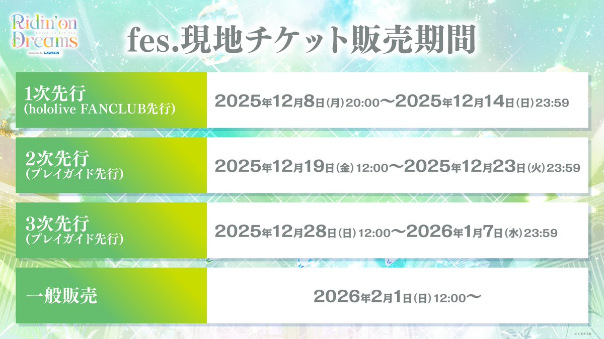 hololivetv's tweet photo. 🎊🎟️ #hololivefesEXPO26 チケット情報②🎟️🎊

「hololive 7th fes. Ridin' on Dreams」
の現地チケット1次先行抽選受付開始🎉

受付は、12月14日（日）23:59まで📢 

※チケットの券種はチケットページをご確認ください。

🔽チケット詳細はコチラ！
https://t.co/zDwpydN7hA https://t.co/oF5hgEQeyy