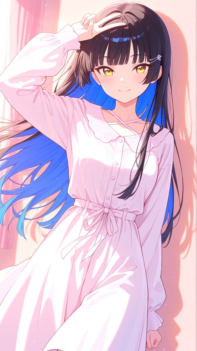 #AIイラスト︎ 
#AIイラスト 
皆様、おはこんばんちわ
仕事終わりの方はお疲れ様です🌃

今夜の投稿は、うちの子の紹介を。

① 名前は「夏目」被っている子がいたら再考します
② 黒髪インナーカラー青　姫カット
③ ツリ目　黄色い瞳
④ 屋内だろうが室内だろうが髪がなびく
⑤ 白ドレスが普段着
⑥