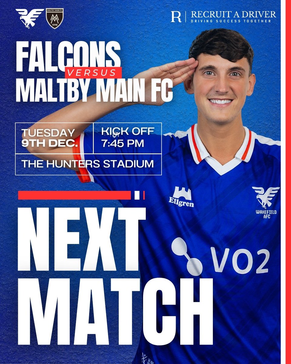 NEXT UP! 👊

With no game for the Falcons this weekend, the lads are eager to get going tomorrow night as we welcome the in-form Maltby Main to The Hunters Stadium.

🆚 Maltby Main FC
🗓️ Tuesday 9th December
⚽️ 7:45pm
🏟️ The Hunters Stadium, WF8 4FU
🎟️ Adults: £6 | Concessions: