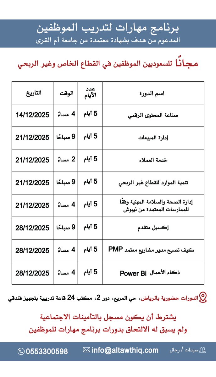 مو كل اللي ينقصك ترقية… أحيانًا اللي ينقصك مهارة وحدة تغيّر كل مستقبلك الوظيفي ودك تغيّر مسارك المهني… القرار يبدأ من هنا 🔗 سجّل الآن قبل اكتمال المقاعد #دورات #دورات_مجانية
wa.me/966553300598