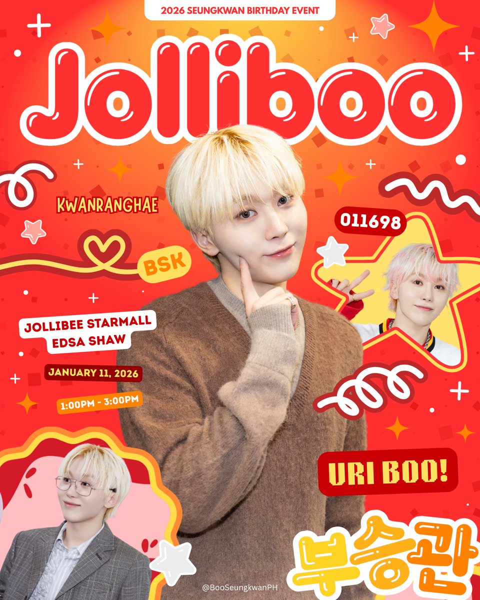 BooSeungkwanPH's tweet image. 🎶 Bringing the 𝘉𝘪𝘥𝘢 𝘢𝘯𝘨 𝘚𝘢𝘺𝘢 energy on Jan. 11, 2026 🎶

Let’s gather for a 𝐉𝐨𝐥𝐥𝐢𝐁𝐎𝐎 𝐁𝐢𝐫𝐭𝐡𝐝𝐚𝐲 𝐏𝐚𝐫𝐭𝐲 𝐟𝐨𝐫 𝐒𝐞𝐮𝐧𝐠𝐤𝐰𝐚𝐧! 🎂🍊

See you at Jollibee Starmall EDSA Shaw from 1:00 - 3:00 PM 🎉

Stay tuned! 🧡💛❤️

#JolliBOO #Happy_SEUNGKWAN_Day