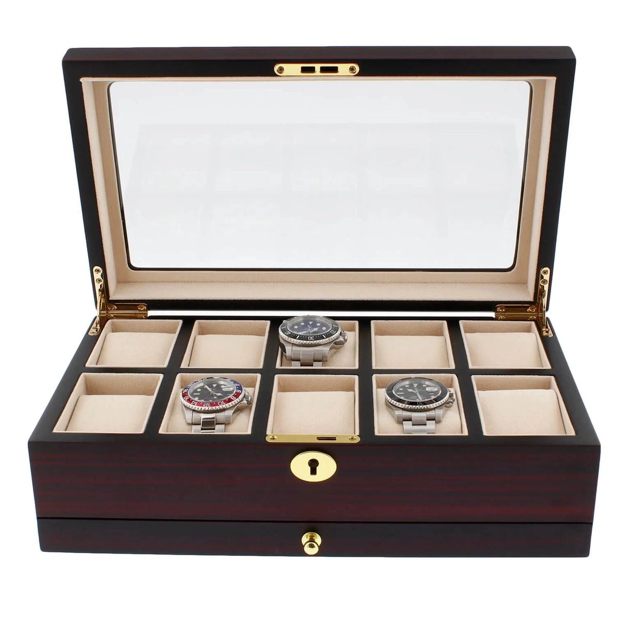 aevitas_uk's tweet image. Safeguard your collection in style with our cherry wood watch box, holding 10 timepieces plus an extra drawer for accessories. Its satin finish adds elegance to any display. Available now for £219.95. #WatchStorage #LuxuryStorage aevitas-uk.co.uk/products/premi…