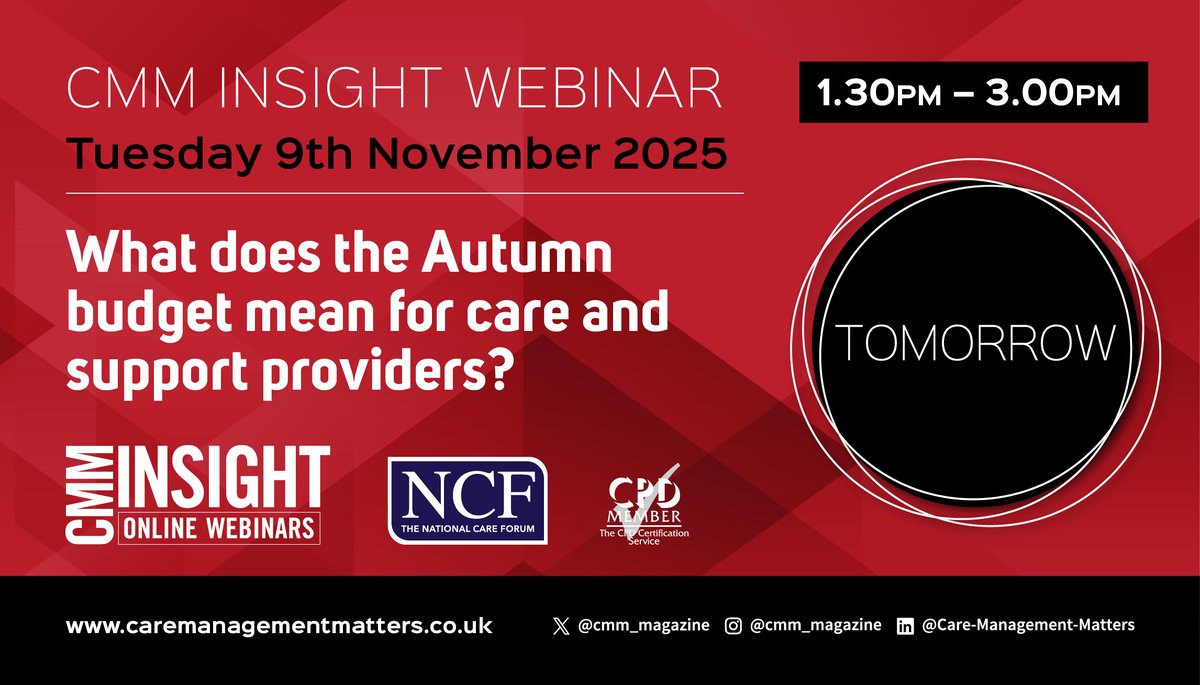 NCFCareForum's tweet image. Join us &amp;amp; @CMM_magazine for this #CMMInsight webinar on the #AutumnBudget, 9 Dec, 1:30pm – 3:00pm. Join @NCF_Liz &amp;amp; colleagues from @NuffieldTrust, @yourMHA &amp;amp; @mencap_charity as they discuss impact for your organisation, workforce &amp;amp; the people you support ow.ly/S5xa50XBfoo
