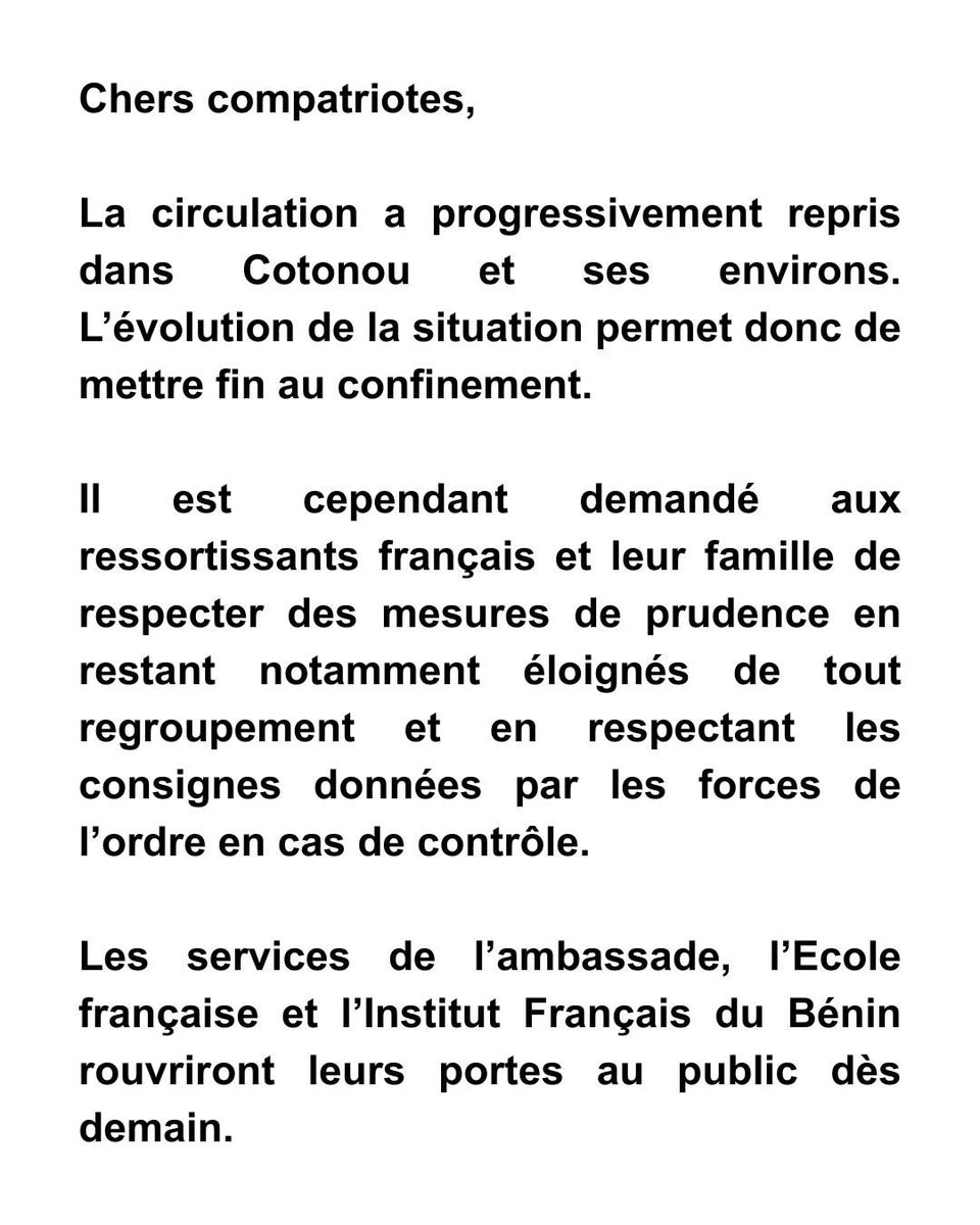 ‼️ Message à la communauté française au Bénin