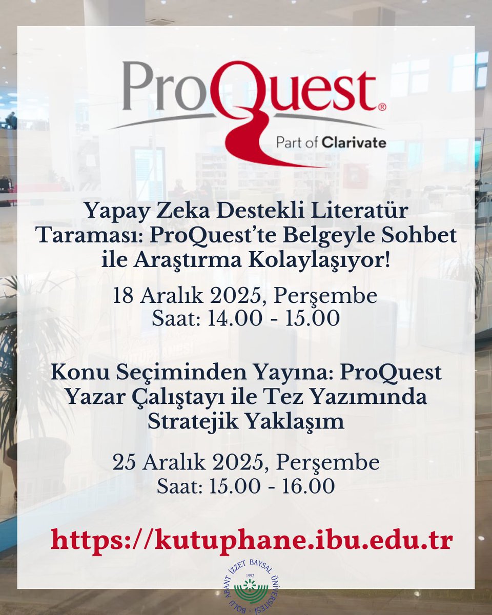 Detaylar ve kayıt linkleri, kutuphane.ibu.edu.tr/tr/Activities/…

kutuphane.ibu.edu.tr

#baibukutuphane #aibulibrary #baibu #ibuajanda #bolu #proquest #clarivate #ibuajanda