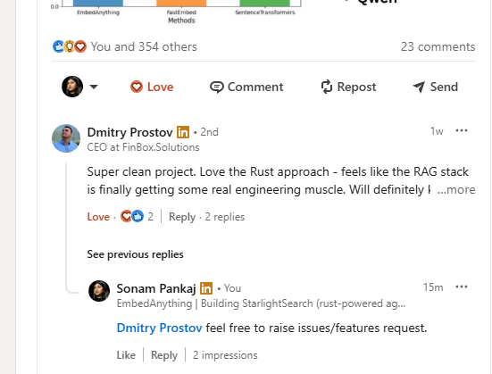 sonam_pankaj_'s tweet photo. People are finally realizing how revolutionary is #embedanything 🦀
It takes time, I guess. The best part of all this was, they didn't even know the authors; they just knew the library and appreciated it.
That's the win of this year for me!! 🚀