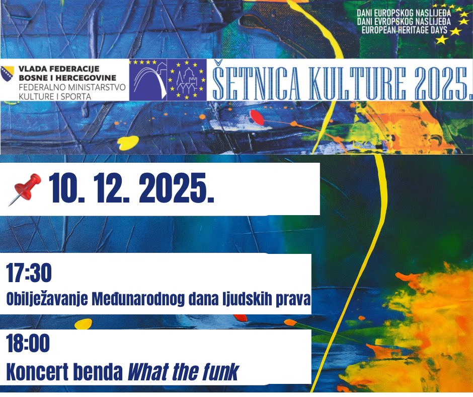 🔹Obilježavanje Međunarodnog dana ljudskih prava

Kulturno-umjetnički sadržaji ovog događaja usmjereni su na podizanje svijesti, poticanje dijaloga i jačanje zajedničke odgovornosti za izgradnju pravednijeg i humanijeg društva.

#fmks #den2025