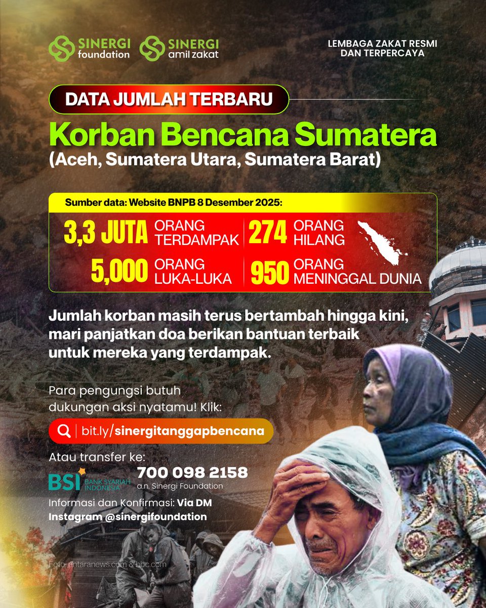 Jumlah korban bencana banjir dan longsor Sumatera masih terus bertambah. Per hari ini, korban tewas telah mencapai angka 950 orang.

Mereka butuh uluran tangan dan aksi nyata kita untuk bisa bertahan. Tunjukkan kepedulianmu melalui bit.ly/sinergitanggap…