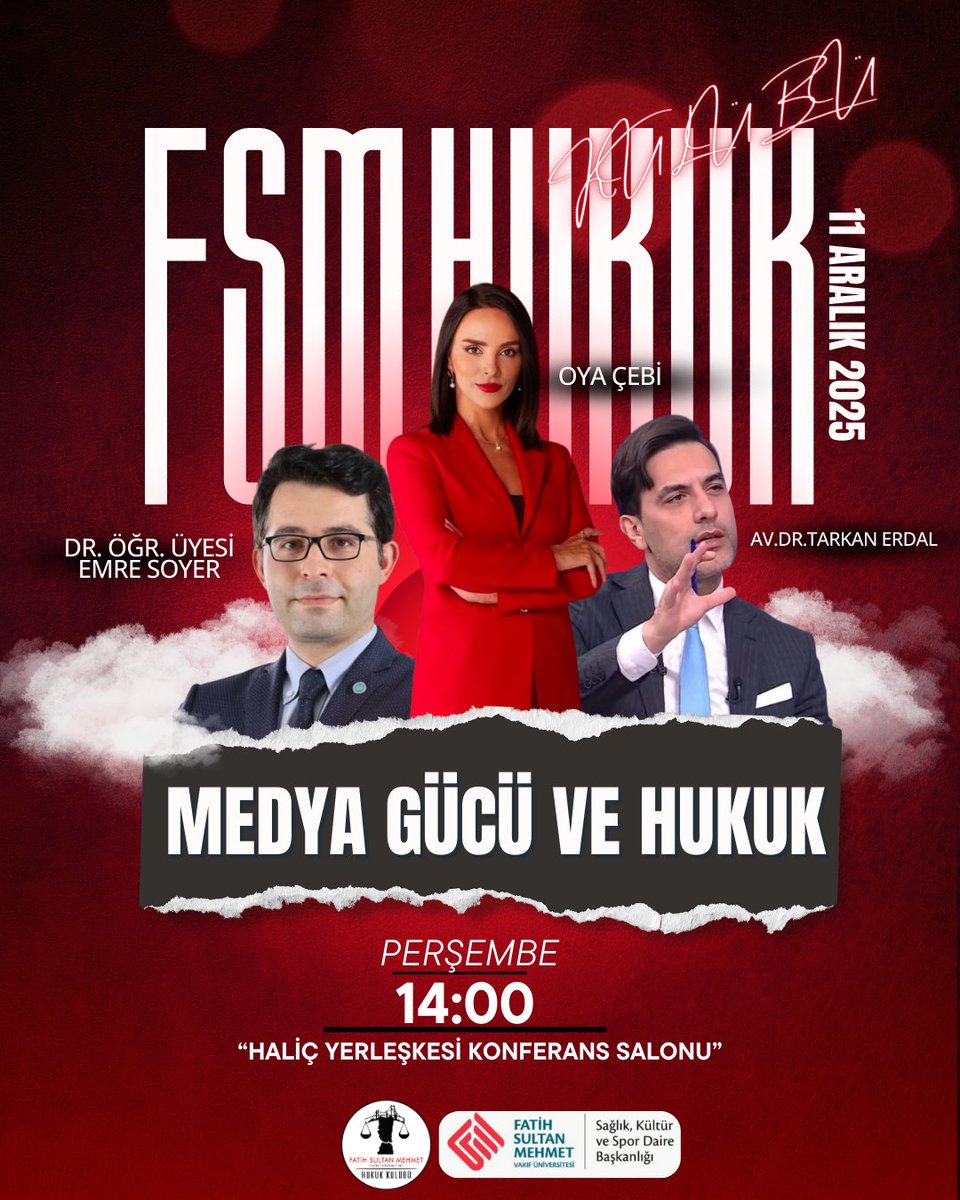 fsmhukukkulubu's tweet image. “Medya Gücü ve Hukuk” seminerimizde
TV100 Spikeri Oya Çebi,
Av.Dr. Tarkan Erdal,
Dr.Öğr.Üyesi Emre Soyer
ile medyanın olayları yansıtma biçimini ve hukuki etkilerini konuşacağız.
📍 Etkinlik dış katılıma açıktır.
🔗 Katılım formu:
docs.google.com/forms/d/e/1FAI…