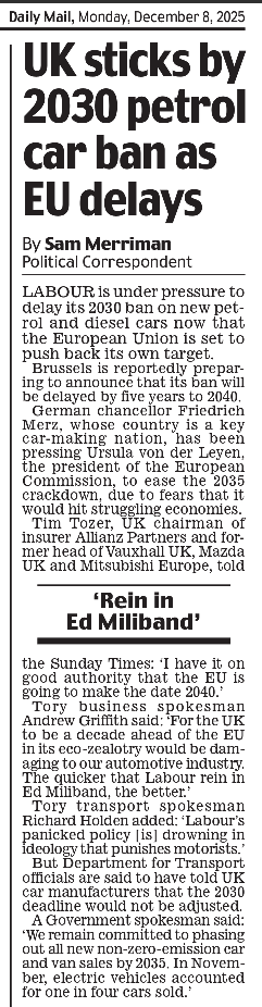Ideology over practicality—again.

Sticking to a 2030 petrol/diesel ban while the EU moves to 2040 is totally senseless.