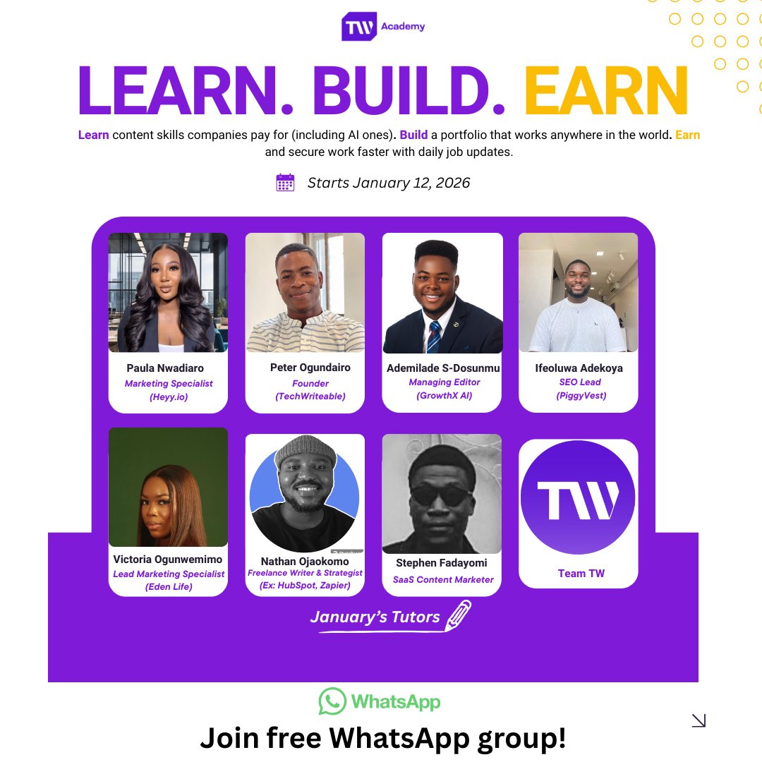 Our theme for January's training is ₦0 → $2K, but what makes the program truly special? 🤔

1. 𝗟𝗲𝗮𝗿𝗻 𝗳𝗿𝗼𝗺 𝗿𝗲𝗮𝗹 𝗲𝘅𝗽𝗲𝗿𝘁𝘀: 8 professionals working with companies like Upwork, PiggyVest, and top content agencies teach you what's actually working today.

2.