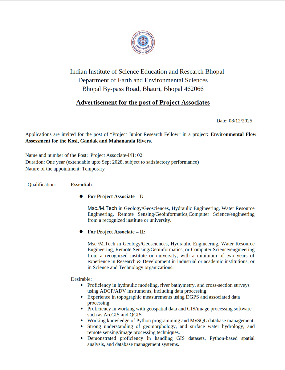 fgrs_iiserb's tweet photo. WE ARE HIRING!
𝗣𝗿𝗼𝗷𝗲𝗰𝘁 𝗝𝗥𝗙 / 𝗣𝗿𝗼𝗷𝗲𝗰𝘁 𝗔𝘀𝘀𝗼𝗰𝗶𝗮𝘁𝗲 𝗜–𝗜𝗜 at @iiserbhopal  
Detailed advertisement: https://t.co/Xp3JfD87WN
Last date: 25 December 2025
@gauraviirs @EES_IISERB https://t.co/kepv3LqMcr