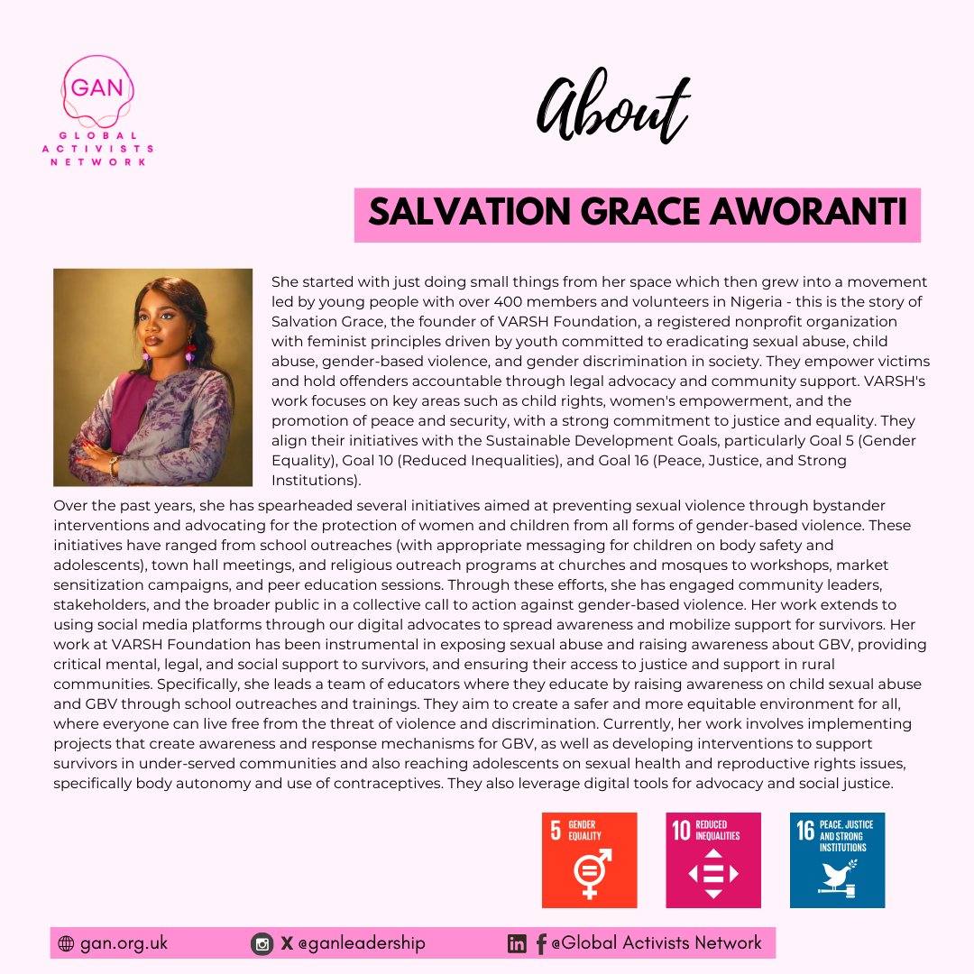 This week, we celebrate <a href="/SalvationGrace_/">TheSalvationGrace👑💚💥🙌🏻</a>, a young leader transforming communities across #Nigeria through her bold stand against GBV.🙌🏾

What started as small, personal actions has grown into <a href="/varshfoundation/">VARSH Foundation</a>: a youth-powered movement with over 400 members &amp; volunteers..

thread!