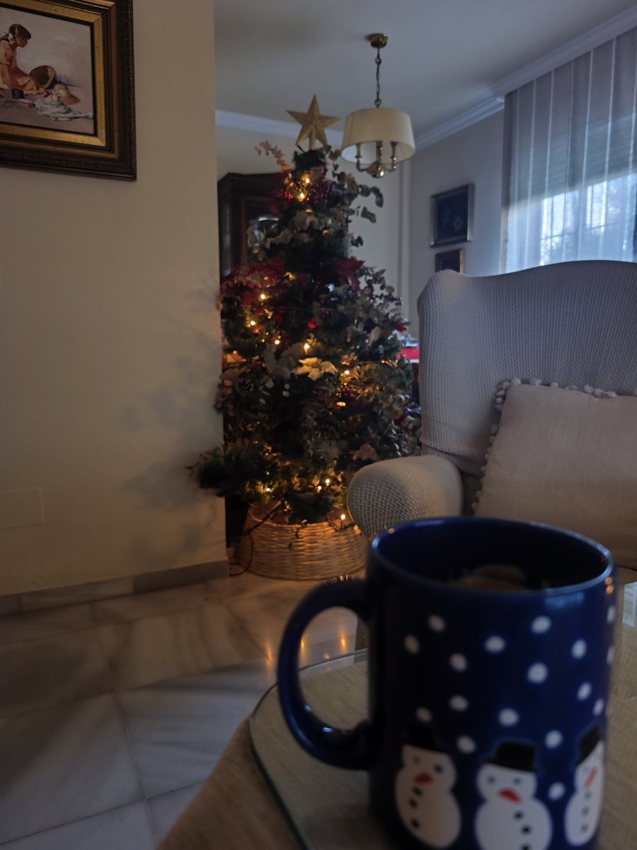 En sala tranquila 1árbol se alza sin pedir permiso
vestido de ramas prestadas y luces para no apagar la sombra,con 1café y el silencio ordenado q protege del ruido
Sin adornos,bebo la vida a sorbos fríos y azules
desde mi taza favorita,
esa q entiende mi forma de esperar
#Navidad
