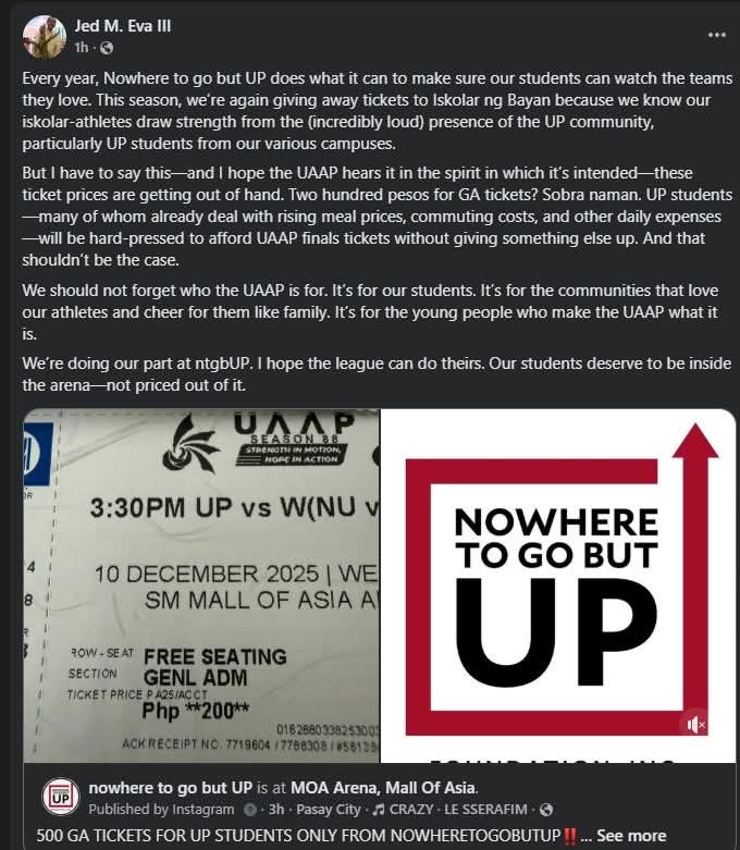The UAAP is for students. They deserve to be inside the arena and not priced out of it. From the chairman of <a href="/ntgbUP/">nowheretogobutUP</a> . #UPFight