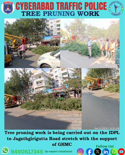 CYBTRAFFIC's tweet image. Jeedimetla Traffic PS Update:

Tree pruning work is being carried out on the IDPL to Jagathgirigutta Road stretch with the support of GHMC.

#jeedimetlatraffic #ghmc #roadsafety #publicsafety #trafficupdate #cyberabadtrafficpolice