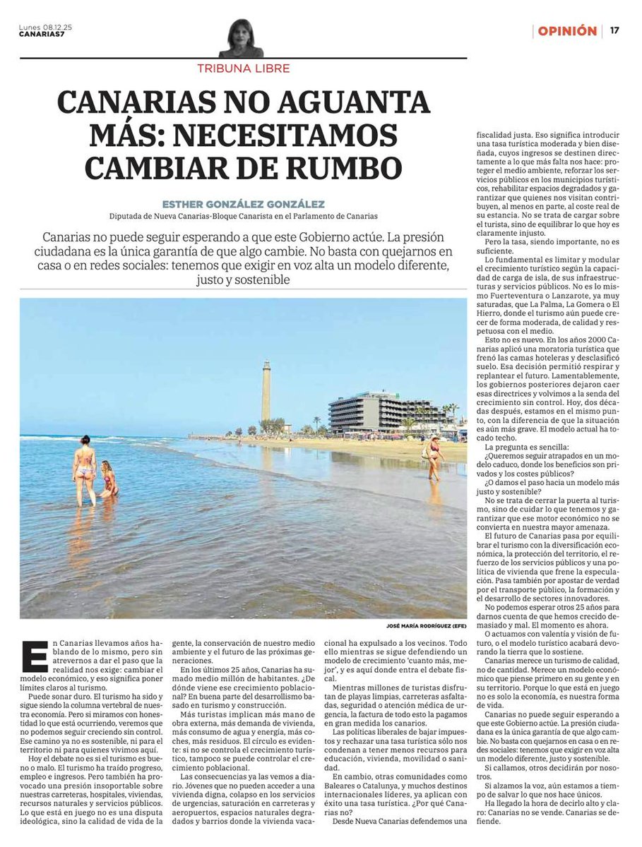 🖋️Canarias no puede seguir con un turismo descontrolado que encarece la vida y agota el territorio. Defiendo una tasa turística, límites al crecimiento y un modelo más sostenible. Solo la presión ciudadana hará posible el cambio
eldiario.es/canariasahora/…