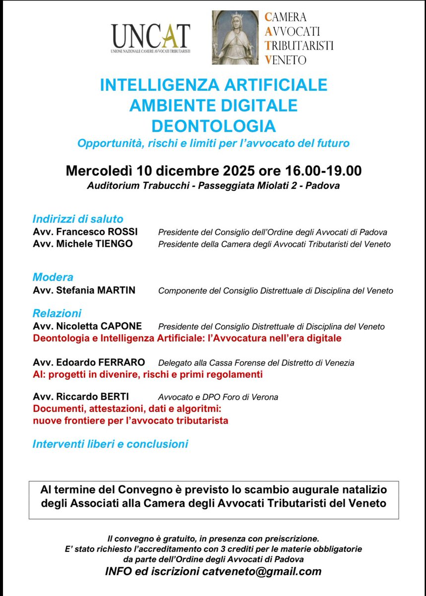 🔜 #nextjob
📅 #mercoledì10

▶️ Grazie per l'invito a #UNCAT e alla Camera Avvocati Tributaristi Veneto, che mi hanno voluto come relatore ad un evento formativo evidentemente di attualità.

🎓 #formazioneforense
🏃 #fermarsimai
🤖 #intelligenzaartificiale