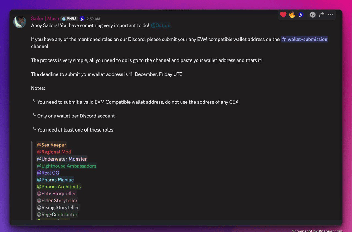 🚨 [IMPORTANT] Submit Your Wallet Before Mainnet!

Pharos Testnet is wrapping up, and we’re entering the Mainnet &amp; TGE phase!
If you hold any of the special community roles on our Discord (like @Sea Keeper, <a href="/Pharos/">Ken Thomson</a> Architect, @Underwater Monster...),

👉 You MUST submit a valid