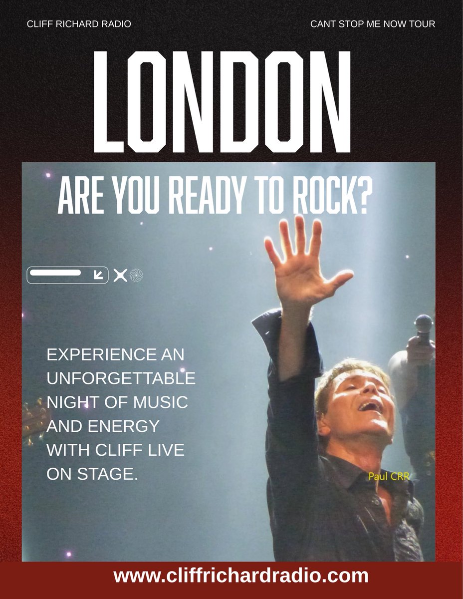 🎤🌟 London — the finale begins! 🌟🎤
Cliff Richard returns to the capital tonight for the first of two spectacular closing nights of his UK tour!

Let’s make Night 1 unforgettable and make the capital Move It! 🔥 ❤️

#CliffRichard #CantStopMeNowTour #London #CliffRichardRadio