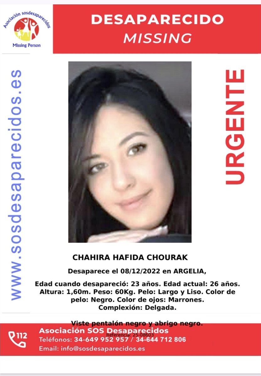 🆘 DESAPARECIDA
Continúa desaparecida 2022
#sosdesaparecidos #Desaparecido #Missing #España #Argelia