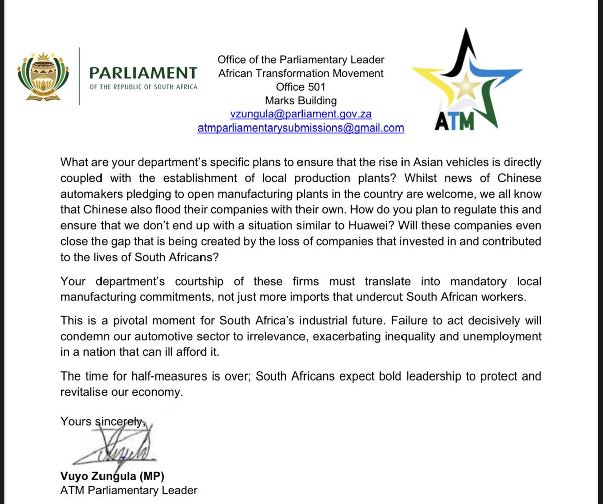 The rise in Asian vehicles in the South African market must be matched by the establishment of local production plants to protect and create jobs for our people.