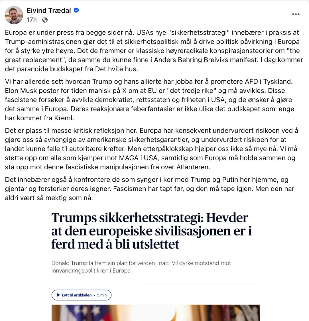 EU-kritikk er nå "fascistisk manipulasjon" og resultat av påvirkning fra Kreml og man deler idéer med ABB om man ser problemer med den massive innvandringen og problemene de medfører i Europa ifølge Trædal. Mao er jeg i samme gruppe om jeg ikke liker EU og vi vet alle hva man