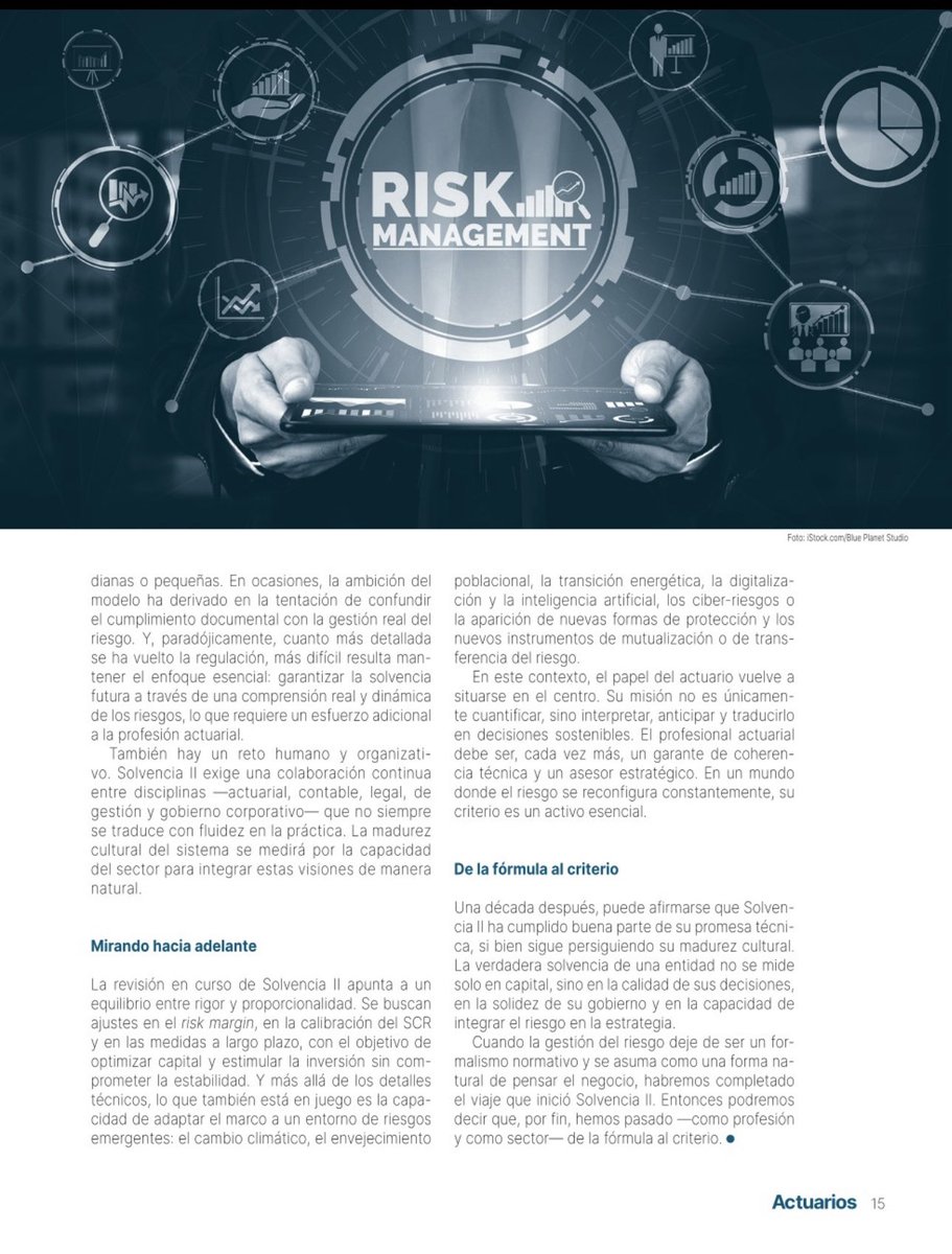 📣 #Artículo (2025): «De la fórmula al criterio: una década de #Solvencia_II». Actuarios, nº 57. Págs. 14-15.
🌐
Léelo aquí:
actuarios.org/revista-actuar…

<a href="/IAE1959/">Instituto de Actuarios de España 🇪🇸🇪🇺</a> <a href="/InfoAAE/">AAE</a> #Solvencia_II #Actuaries #Actuarios #Actuary