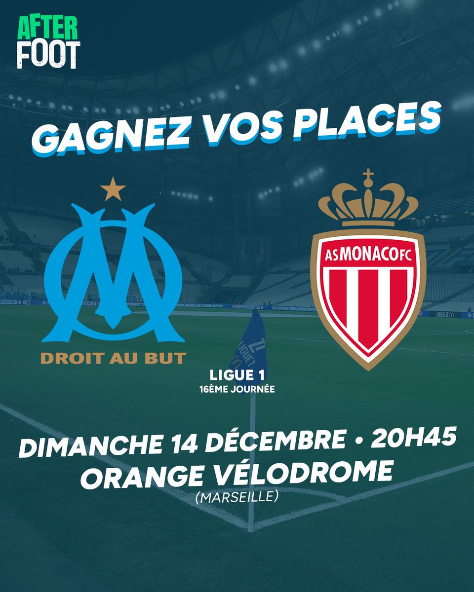 🎁 JEU CONCOURS

🎟️ Tentez de remporter vos places pour assister au match OM - Monaco le dimanche 14 décembre à 20h45.

🍀 Pour participer, RT + Follow <a href="/AfterRMC/">After Foot RMC</a>, et commente ton prono. 
Bonne chance !