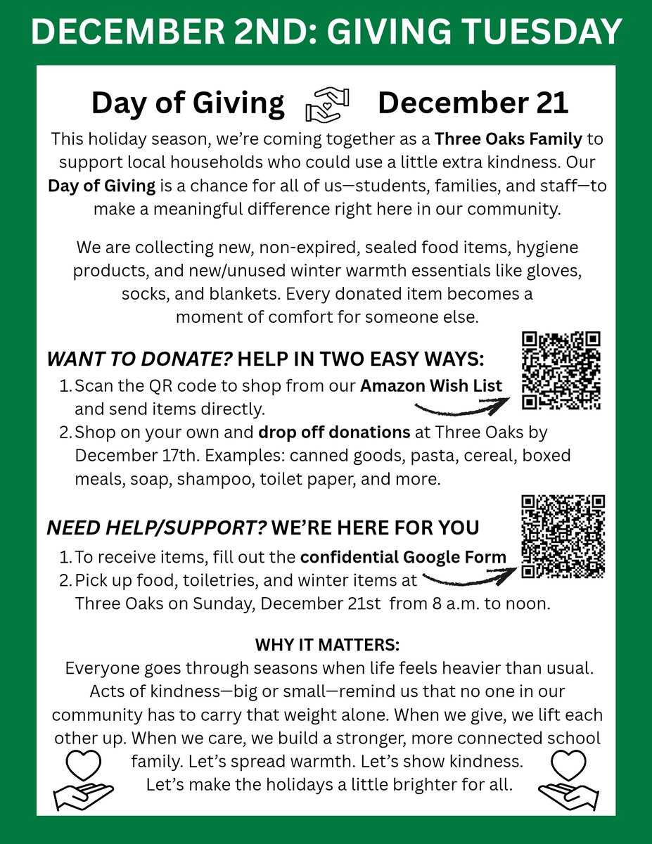 DIA DE DAR  A OTROS - 2025
Three Oaks Elementary llevará a cabo nuestro primer Día de 12/21/2025, para apoyar a las familias de nuestra comunidad. Para donar: amazon.com/hz/wishlist/ls… Para recibir: docs.google.com/forms/d/e/1FAI…