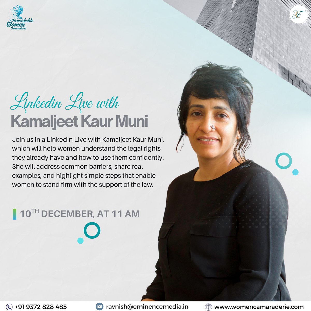Empowerment begins with awareness.
Join us LIVE with Kamaljeet Kaur as we dive into legal rights that every woman should know, understand, and use with confidence.