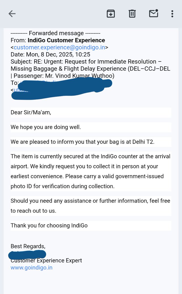 <a href="/IndiGo6E/">IndiGo</a> We don't feel you are Serious. My flight to Calicut was cancelled on 4th December and my baggage is still not delivered with obnoxious emails being sent by your customer experience teams. Two hours at T2 now waiting for my bag which should have been delivered at home. No way out