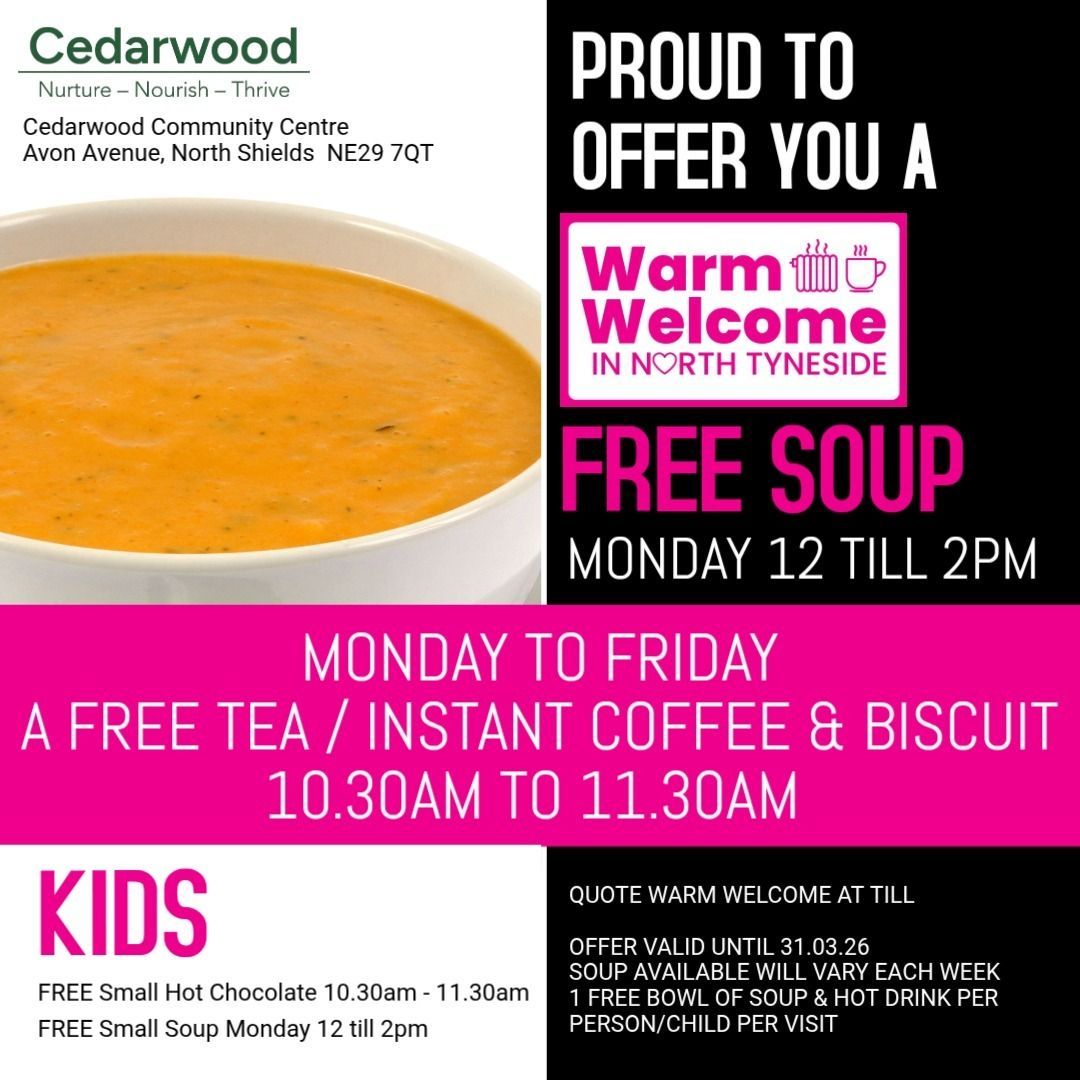 Cedarwood offers a Warm Welcome to residents every Monday, with a FREE SOUP from 12pm till 2pm, throughout the winter until 31st March 2026. 🙌🏻

You can also visit the centre Monday to Friday for a free cup of tea or instant coffee with a biscuit between 10:30am and 11:30am.