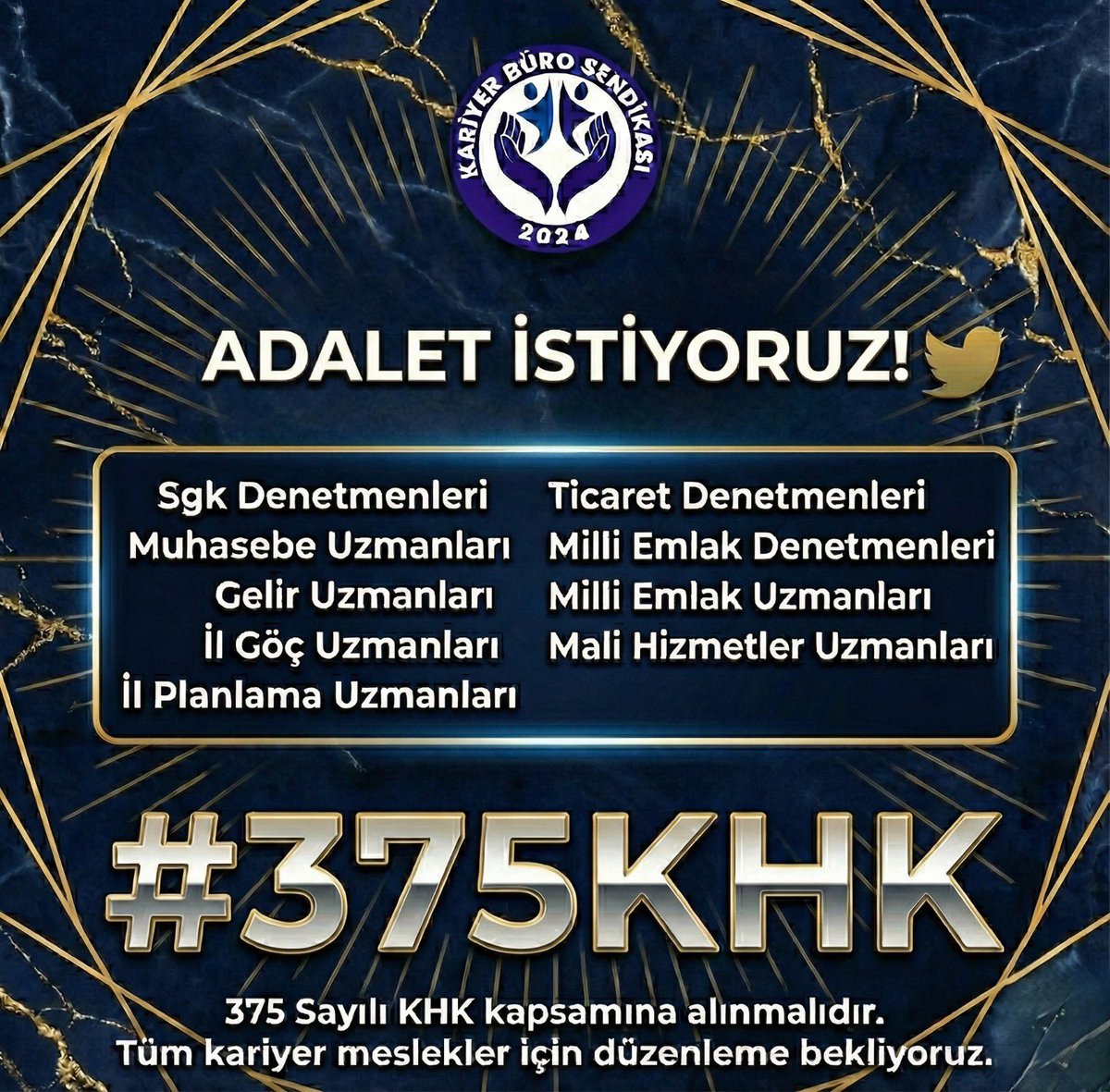 #375KHK Tüm kariyer meslekleri kapsamalıdır.

#375KHK
<a href="/RTErdogan/">Recep Tayyip Erdoğan</a>
<a href="/avabdullahguler/">Abdullah Güler</a> 
<a href="/HMBakanligi/">T.C. Hazine ve Maliye Bakanlığı</a> 
<a href="/memetsimsek/">Mehmet Simsek</a> 
<a href="/mehmedmus/">Dr. Mehmet Muş</a>