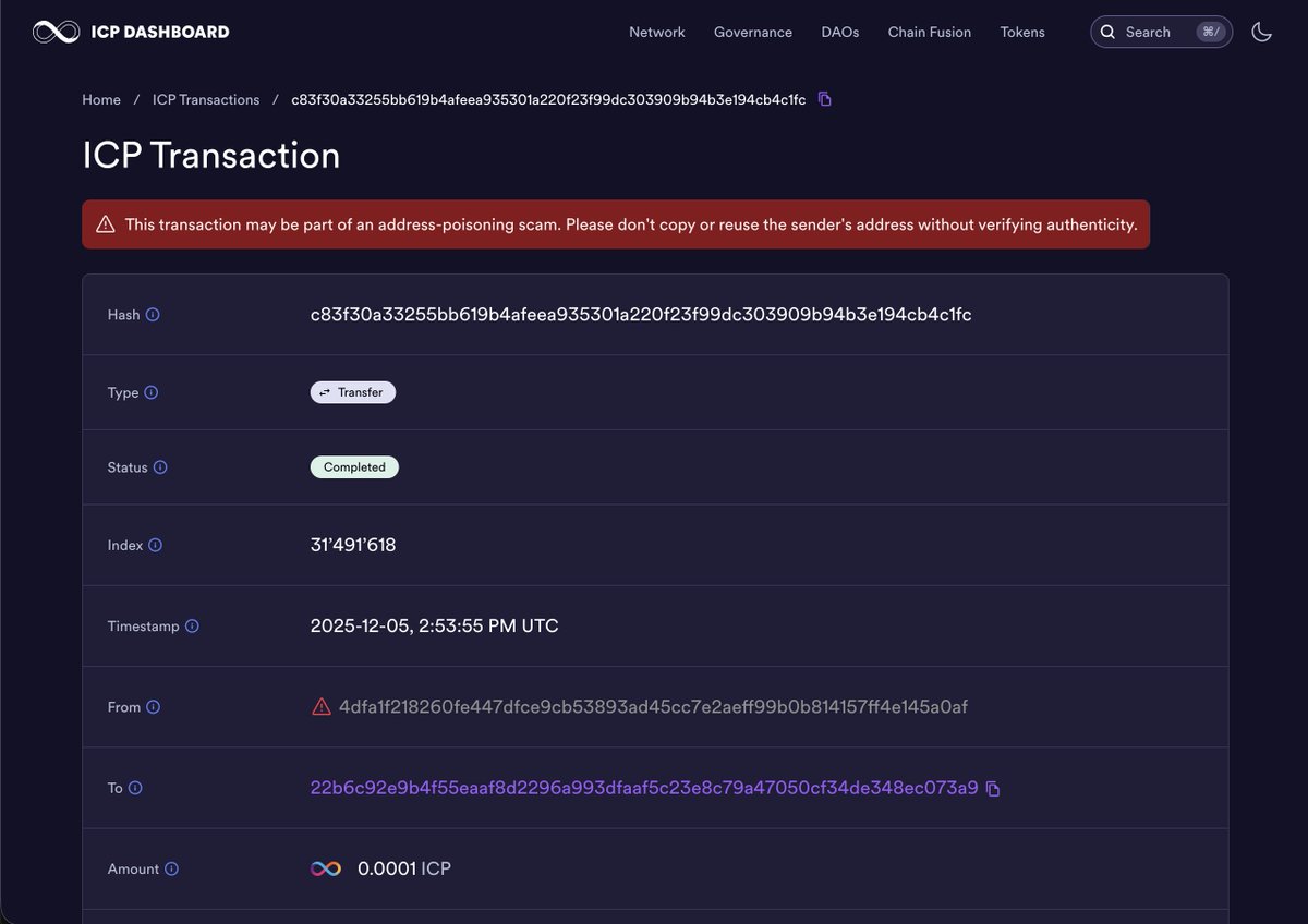 DFINITYDev's tweet image. The dashboard now displays a warning for all &quot;suspicious&quot; ICP transactions related to address poisoning and hides them by default.

Hiding such transactions significantly reduces the noise in the ICP Transactions table.

Screenshots:
1. Account with suspicious transactions…