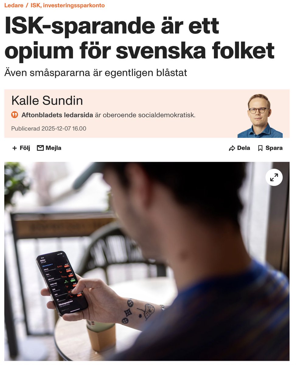 cj_bernhardsson's tweet photo. Ännu en tendentiös, nästintill obehaglig, text om den svenska (fantastiska) sparformen ISK. En s k ledare som dryper av bitterhet. Att spara och ta ansvar för din ekonomi är dåligt. Att förlita sig på statens bidragskomplex är bra. Jag hoppas att ingen går  på detta dravel. https://t.co/TU1A8gIK6T