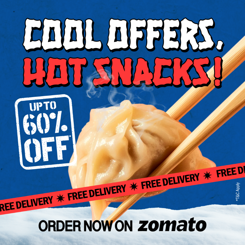 zomato's tweet photo. Momos 60% off + free delivery