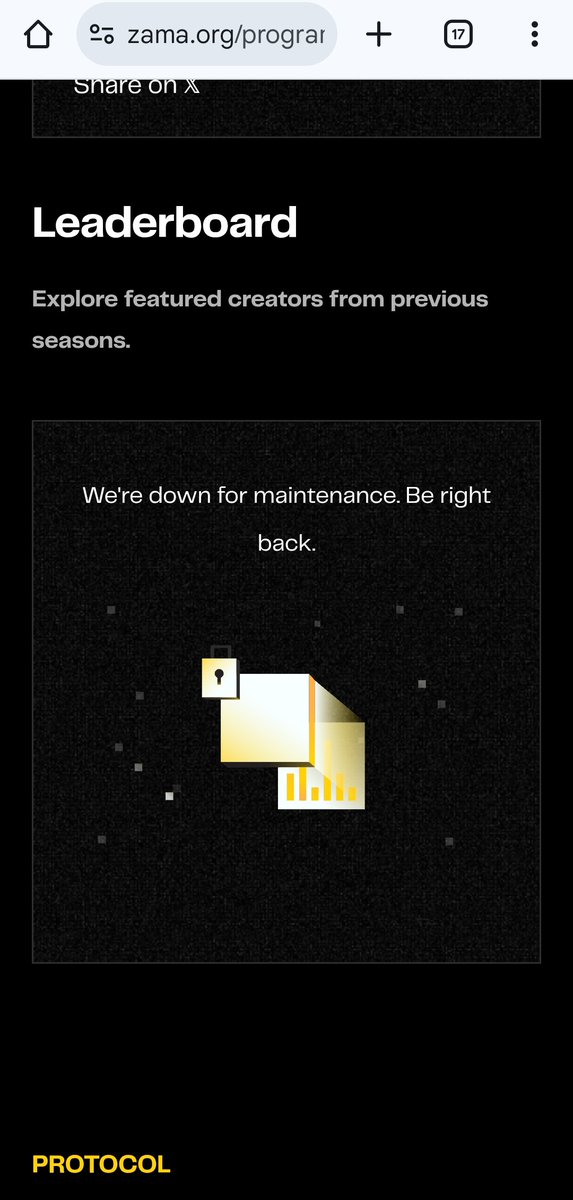 <a href="/zama/">Zama</a> leaderboard has been in maintenance for the last few hours . 

I think maybe they are filtering some bots who did fake engagement just to be in the final LB 👀

Let's wait and see what <a href="/zama/">Zama</a> team really changes after this maintenance 🧐

#ZamaCreatorProgram 

<a href="/zama/">Zama</a>