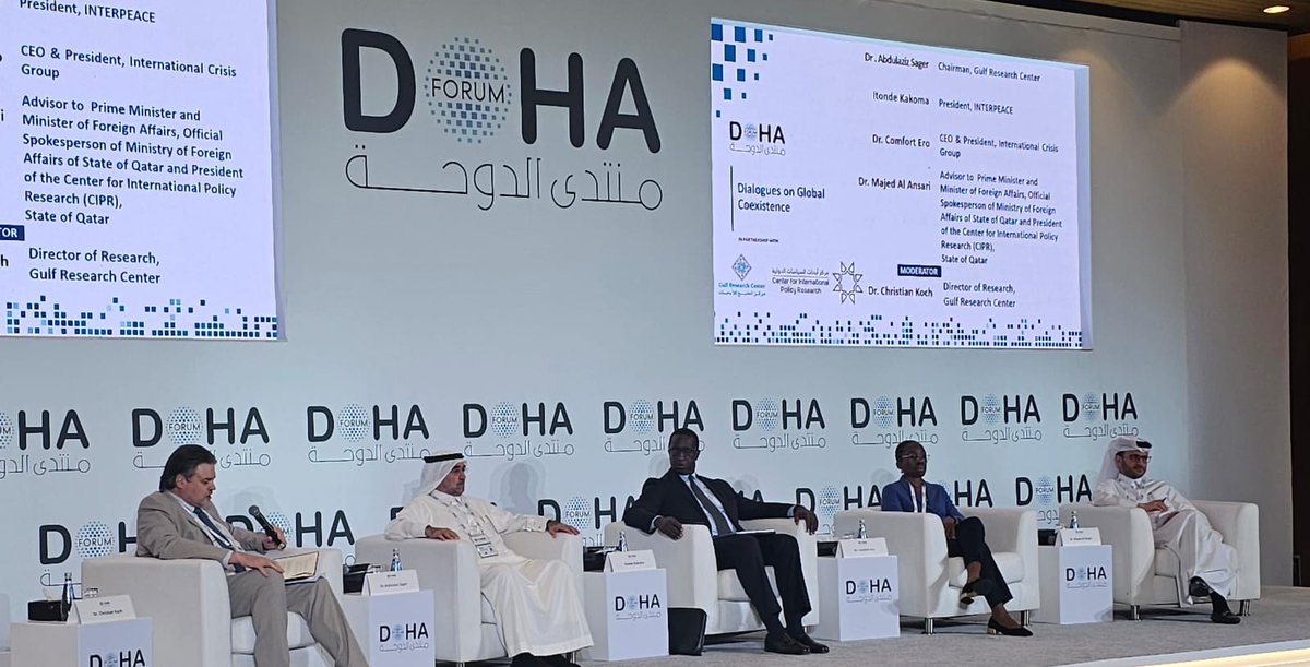 CIPResearch's tweet image. Happening now: 
“Promoting Dialogues on Global Coexistence,” in Al Rayyan Hall at @DohaForum, in partnership with @Gulf_Research, @Interpeace_Org &amp;amp; @CrisisGroup