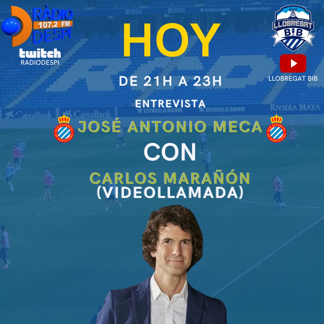 Buenos días #llobrelovers 

Con la victoria de ayer, los BiBs se reúnen para hablar de la jornada y del partido.

Además, tendremos la videollamada con un ilustre habitual, como es <a href="/futbolycine/">Carlos Marañón</a> 

Os esperamos a las 21 horas ⚪🔵🍻🍻
#rcde #rcdefem #espanyol