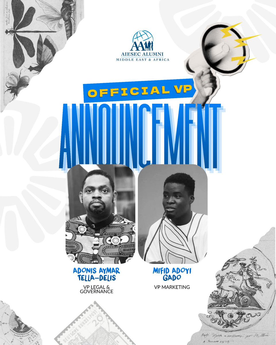 We are excited to welcome Adonis Aymar Tella-Delis (VP Legal &amp; Governance) and Mifid Adoyi Gado (VP Marketing) to the AIESEC Alumni MEA Executive Board.
Here’s to stronger governance, bolder impact, and a united Alumni community! 💙🌍