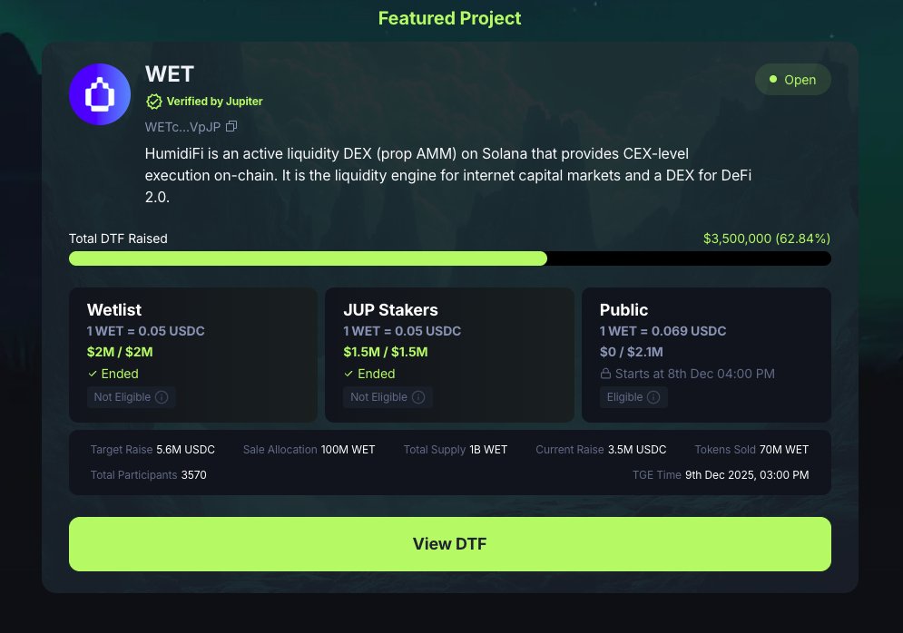 Promotional image for HumidiFi (WET) public sale relaunch on Jupiter