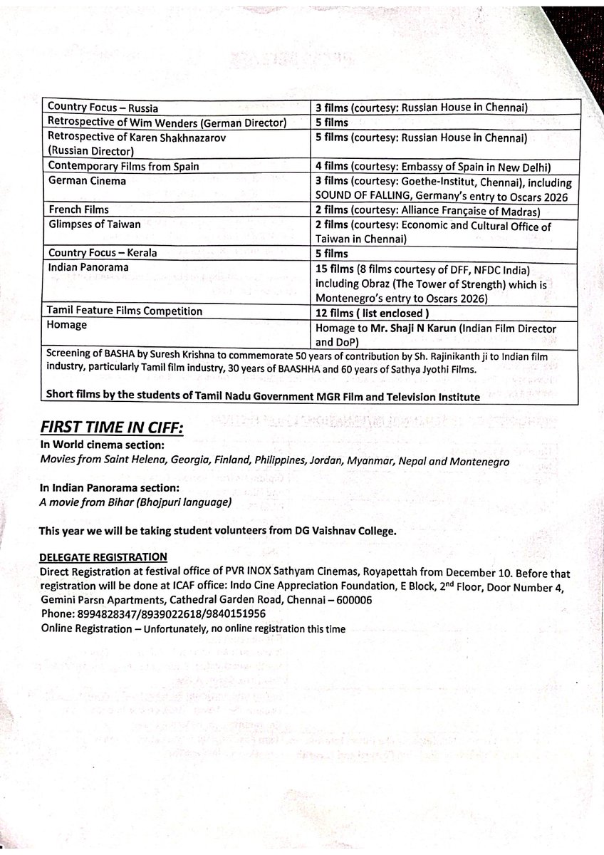 onlynikil's tweet photo. List of Films selected for screening at 23rd Edition Of Chennai International Film Festival (11th Dec'2025 - 18th Dec '2025) under
- Indian Panorama
- World Cinema Competition
- Tamil Feature Film Competition
#23rdCIFF @icaf_chennai https://t.co/ukzKwsPOGX
