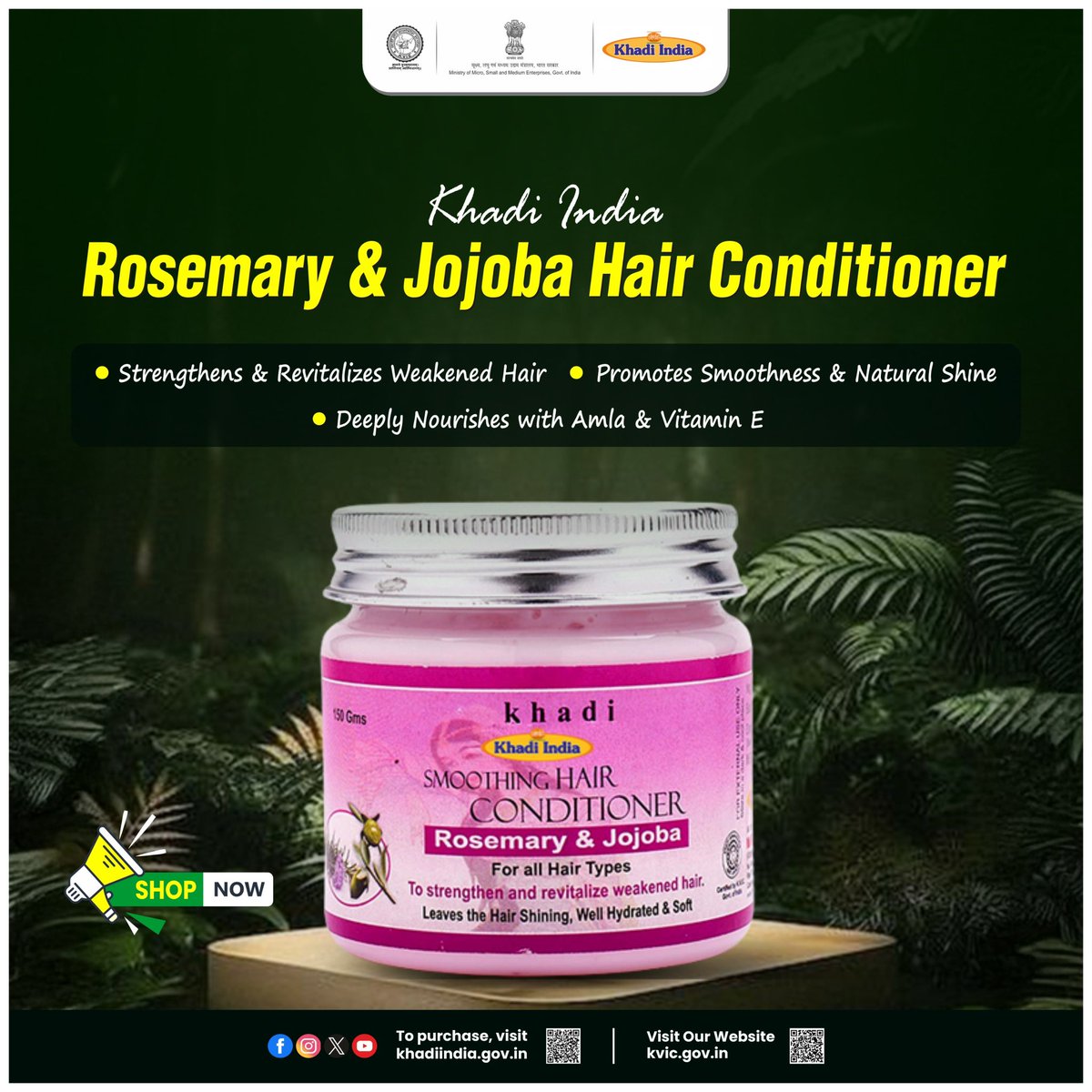 kvicindia's tweet photo. Bring life back to your hair with Khadi India Rosemary & Jojoba Hair Conditioner, powered by the natural goodness of Ayurvedic oils. Rosemary Leaf Oil helps energise the scalp and strengthen weak strands, while Jojoba Seed Oil locks in deep hydration for soft, smooth, and frizz-free hair.

Infused with Amla and Vitamin E, this daily-use conditioner supports healthy growth, adds natural shine, and improves overall hair texture from the very first wash. Light, nourishing, and completely botanical, it’s made for those who want pure care without harsh chemicals.

Available at Khadi Gramodyog Bhavan and online at https://t.co/4m1JZLkbwJ

#Khadi
#KhadiIndia
#RosemaryAndJojoba
#AyurvedicHairCare
#NaturalConditioner
#HairCareRoutine
#HealthyHair
#ChemicalFree
#BaatKhadiKi
#VocalForLocal
#MadeInIndia
#SwadeshiSankalp
#AatmanirbharBharat
#LocalToGlobal
#MyKhadiMyPride
#KhadiForNation
#KhadiRevolution