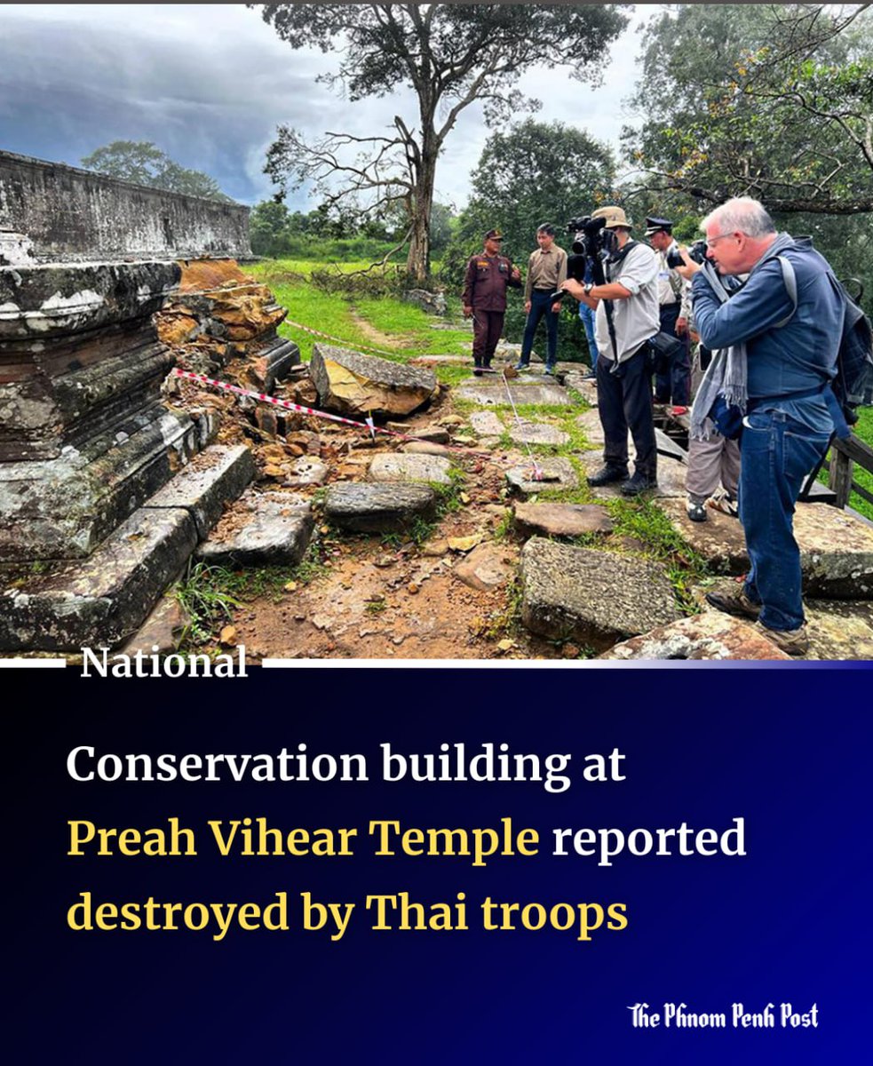 phnompenhpost's tweet photo. The Thai military has reportedly destroyed the conservation building of the Preah Vihear Temple's Gopura V Conservation and Restoration Project, a Cambodia-India cooperation project, along with other conservation infrastructure in the temple area, according to the Ministry of Culture and Fine Arts.

Full story: https://t.co/nsHGVhAK0F