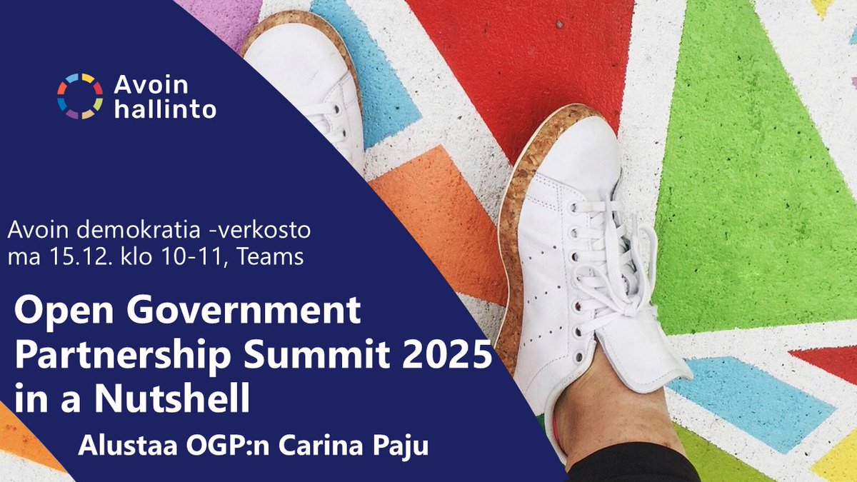 📢Avoin demokratia -verkosto GRANDE FINALE  ma 15.12. klo 10-11
❗️Aihe: Open Government Partnership (OGP) Summit 2025 in a Nutshell (eli Vitoria Gasteinz julistus ja muuta kiinnostavaa)
⏳ Ilmoittaudu: link.webropol.com/ep/ogp-15-12-2…
#AvoinHallinto #Demokratia 
<a href="/VMuutiset/">Valtiovarainministeriö | Finansministeriet</a> 
<a href="/opengovpart/">Open Gov Partnership</a>