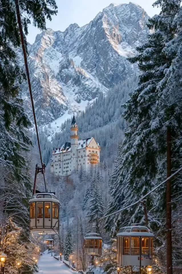 HappyMotorhead's tweet image. Dreaming of a real-life fairy tale this winter❓️ ❄️✨  

This magical castle perched in the snowy Alps looks straight out of a storybook. 

👉 Would you ride this glowing cable car up for a night inside❓️ 👑🏰  

#NeuschwansteinCastle #Bavaria #WinterWonderland
