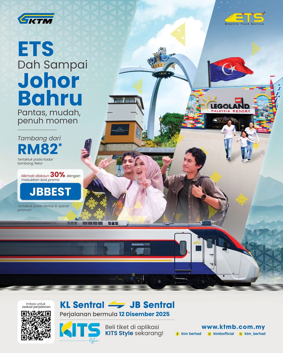 ezadhfizy_'s tweet photo. 🚆✨ ETS is officially coming to Johor Bahru 

Starting 12 December 2025, from KL Sentral ↔ JB Sentral

• fares from RM82
• tickets available from 9 Dec at 12:30am 
• can book trips up to 6 months ahead, from 9 Dec until May 2026

A new era of train travel to JB begins! https://t.co/aIxwufBcO8